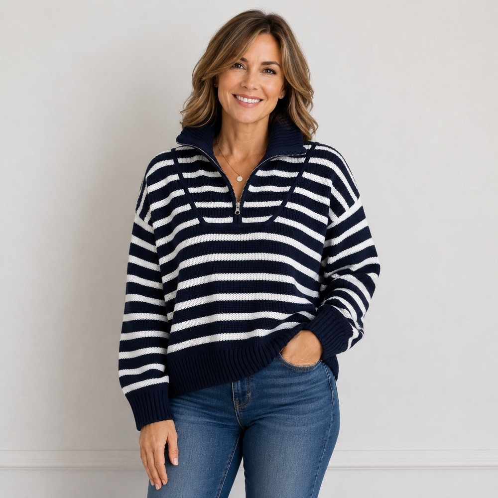 Time and Tru XXL Half Zip Pullover Dark Navy Stripe Shaker Knit Sweater Nautical